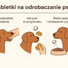 Ilustracja pokazuje trzy sposoby podania psu tabletki na odrobaczenie: bezpośrednio do pyska, ukrytą w smakołyku lub pokruszoną i wymieszaną z jedzeniem.