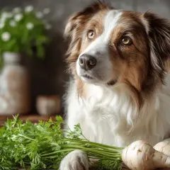 Pies z zaciekawieniem patrzy na pęczek pietruszki i pasternaku. Czy pies może jeść pietruszkę? Tak, w umiarkowanych ilościach.