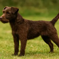 Brązowy, krótko ostrzyżony patterdale terrier stoi na zielonej trawie, gotowy do zabawy.