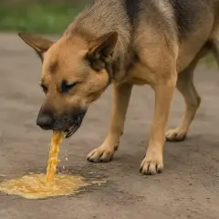Pies wymiotuje żółcią na ziemię.