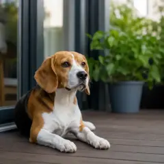 Beagle leży na tarasie, zastanawiając się, czy można sprzedać psa z rodowodem.