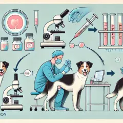 Ilustracja przedstawia proces inseminacji psa w domu, od pobrania materiału po jego podanie.