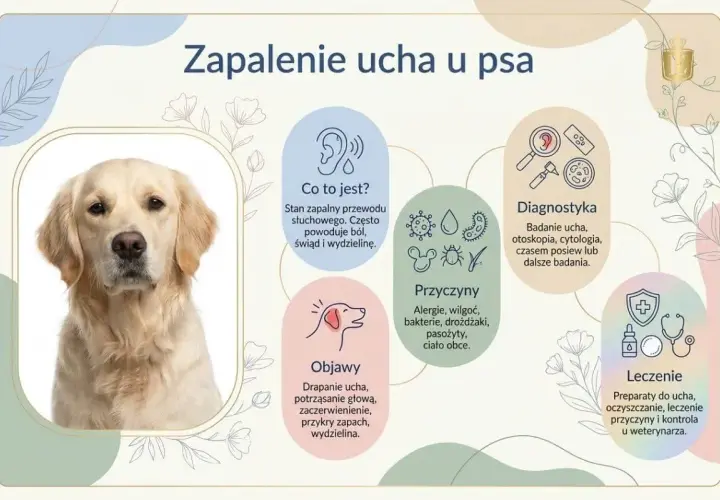 Zapalenie ucha u psa. Pies ma opuchnięte uszy, co może być objawem bólu i świądu.