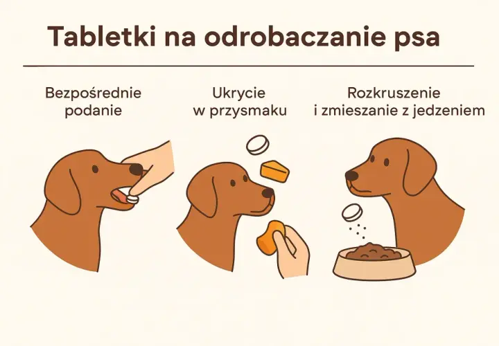 Ilustracja pokazuje trzy sposoby podania psu tabletki na odrobaczenie: bezpośrednio do pyska, ukrytą w smakołyku lub pokruszoną i wymieszaną z jedzeniem.