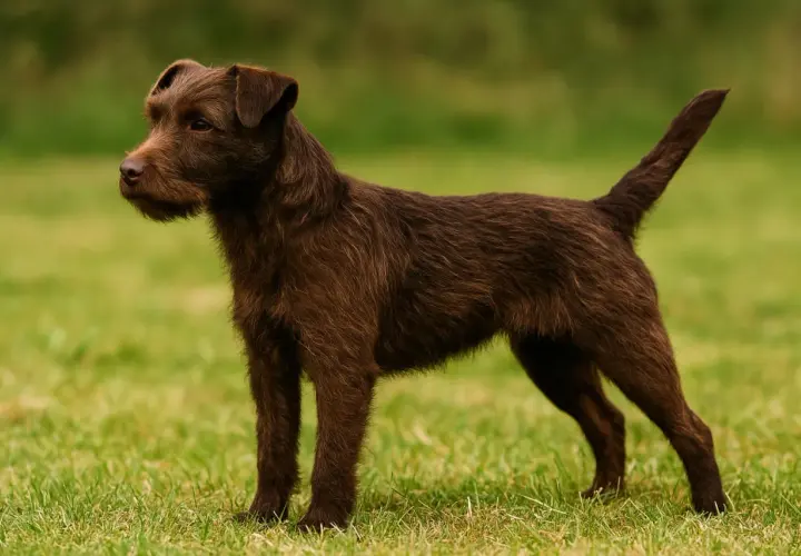 Brązowy, krótko ostrzyżony patterdale terrier stoi na zielonej trawie, gotowy do zabawy.
