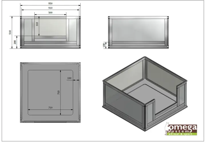 Schemat jak zrobić kojec porodowy dla psa. Wymiary: 950x710x510 mm. Wygodne wejście dla suczki.