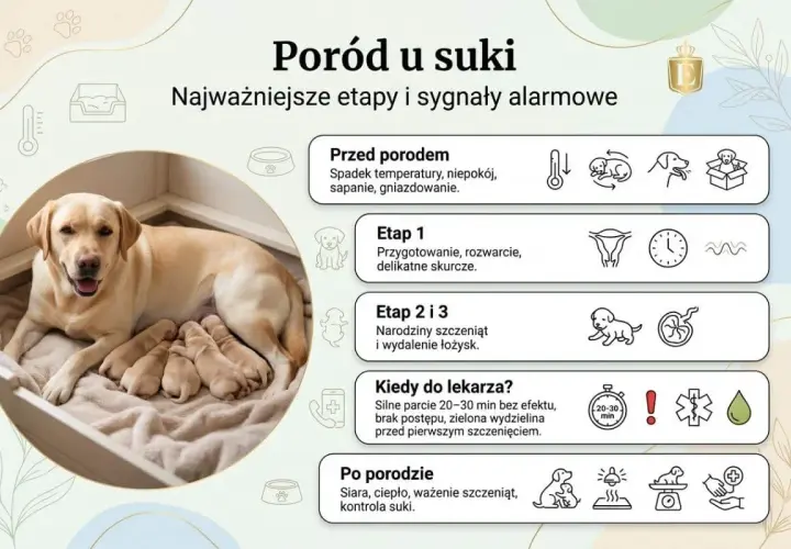 Szczęśliwa suka po porodzie dyszy, otoczona swoimi nowo narodzonymi szczeniętami. Obok grafiki przedstawiające etapy porodu i sygnały alarmowe.