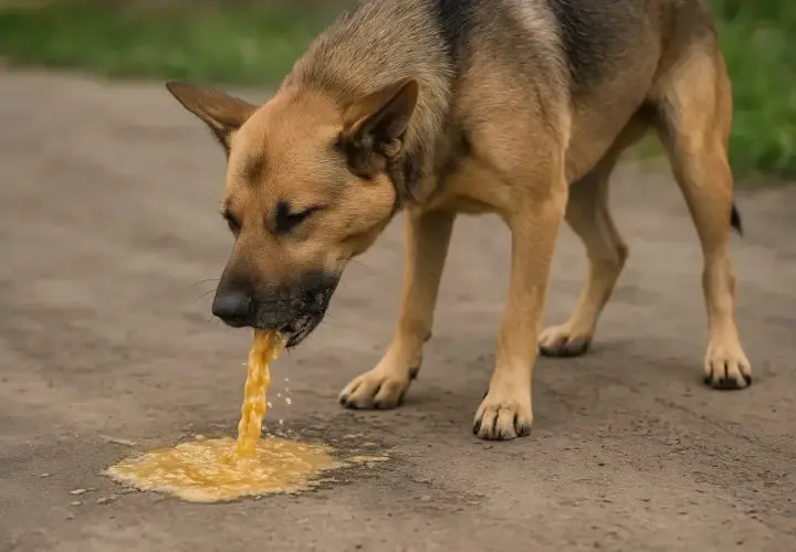 Pies wymiotuje żółcią na ziemię.