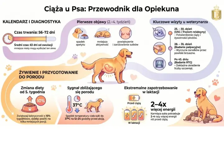 Objawy porodu u suki: spadek apetytu, mniejsza aktywność, powiększenie sutków. Spadek temperatury ciała do 37°C na 12-24h przed akcją.
