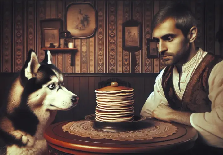 Husky wpatruje się w stos naleśników, zastanawiając się, czy pies może jeść naleśniki. Mężczyzna obserwuje go z boku.