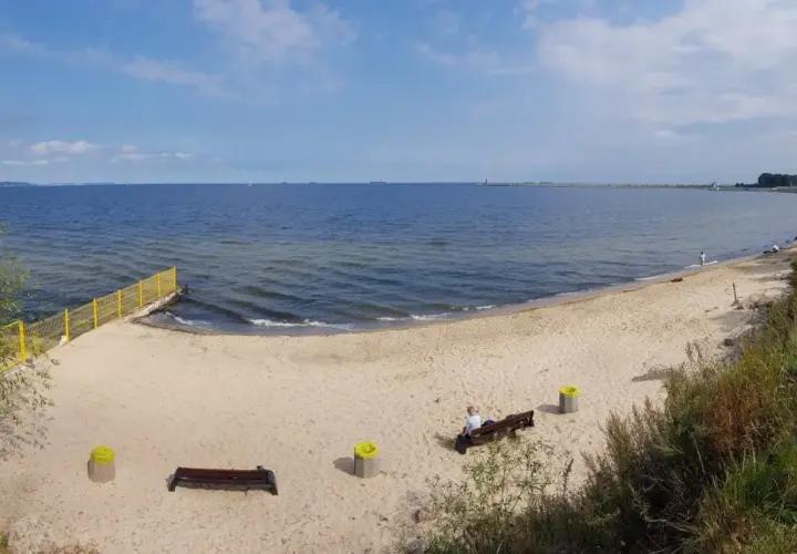 Spokojna plaża dla psów z piaskiem i morzem. W oddali widać falochron i statki.