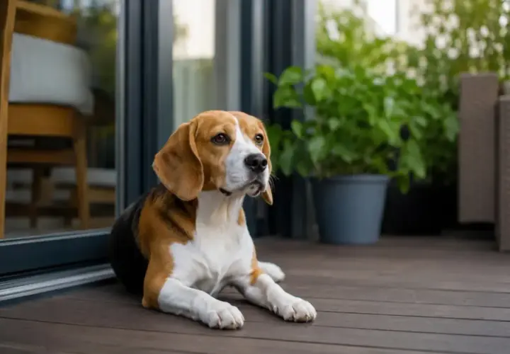 Beagle leży na tarasie, zastanawiając się, czy można sprzedać psa z rodowodem.
