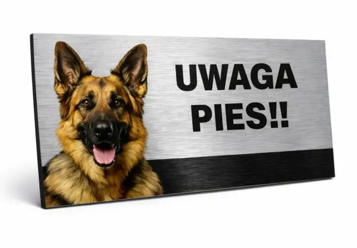 Tabliczka z napisem "UWAGA PIES!!" i wizerunkiem owczarka niemieckiego. Czy taka tabliczka uwaga pies jest obowiązkowa?