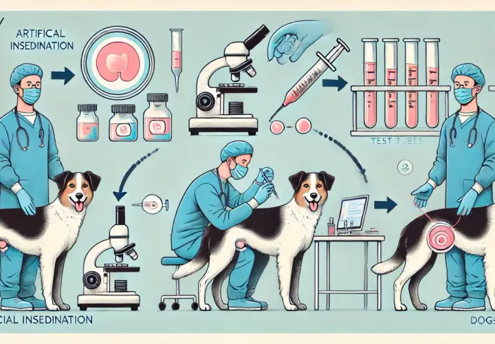 Ilustracja przedstawia proces inseminacji psa w domu, od pobrania materiału po jego podanie.