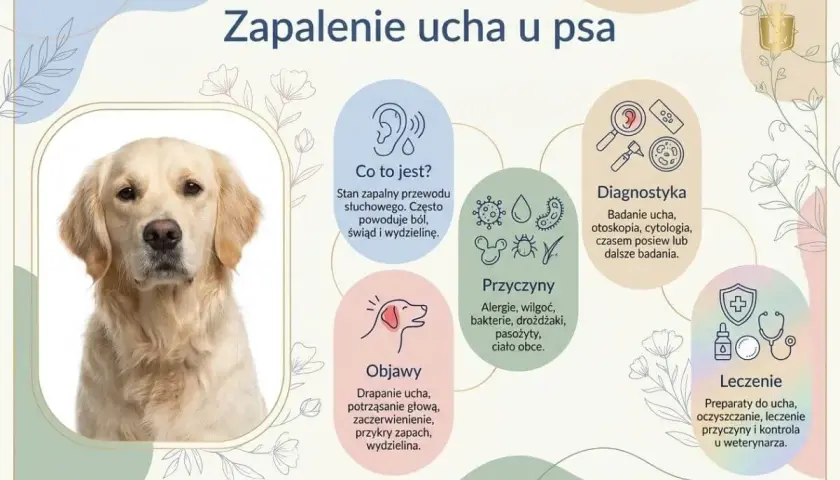 Zapalenie ucha u psa. Pies ma opuchnięte uszy, co może być objawem bólu i świądu.