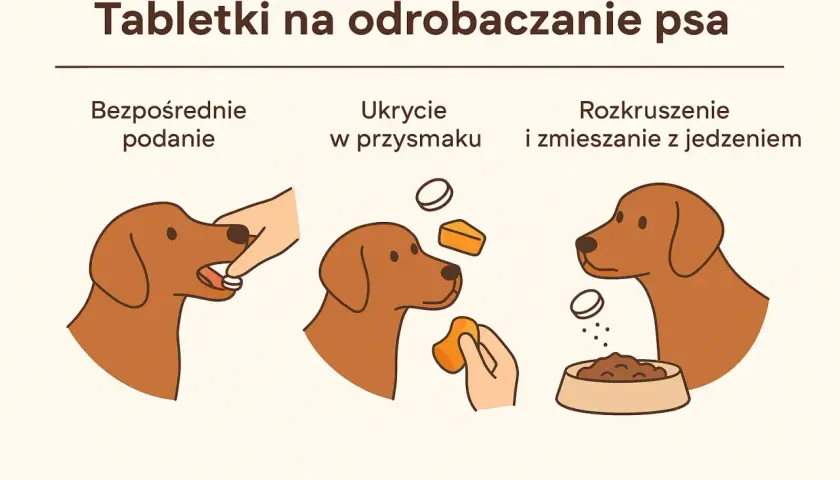 Ilustracja pokazuje trzy sposoby podania psu tabletki na odrobaczenie: bezpośrednio do pyska, ukrytą w smakołyku lub pokruszoną i wymieszaną z jedzeniem.