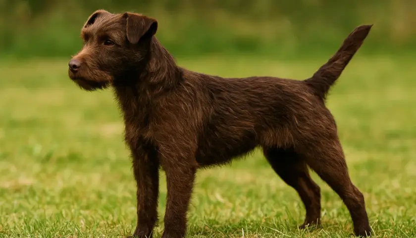 Brązowy, krótko ostrzyżony patterdale terrier stoi na zielonej trawie, gotowy do zabawy.
