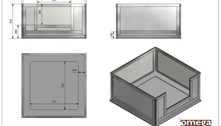 Schemat jak zrobić kojec porodowy dla psa. Wymiary: 950x710x510 mm. Wygodne wejście dla suczki.