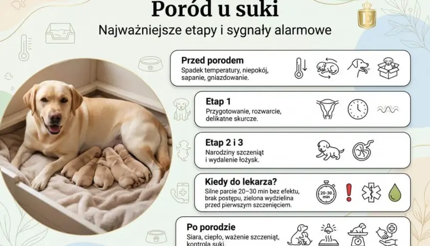 Szczęśliwa suka po porodzie dyszy, otoczona swoimi nowo narodzonymi szczeniętami. Obok grafiki przedstawiające etapy porodu i sygnały alarmowe.