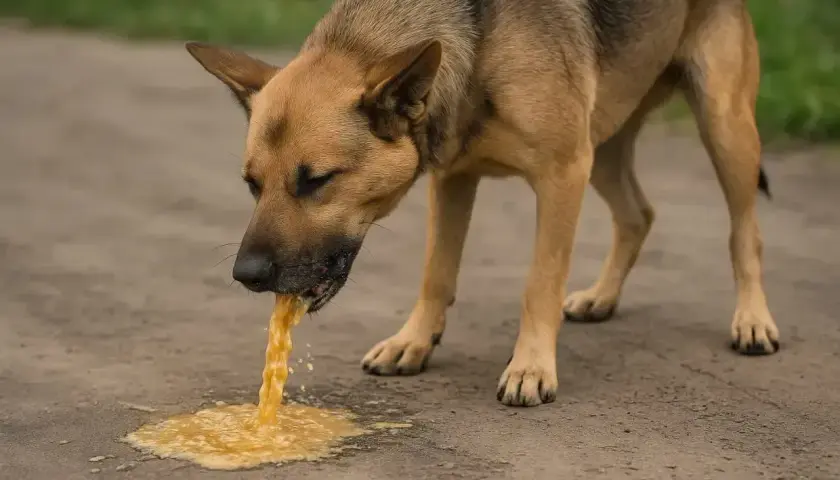 Pies wymiotuje żółcią na ziemię.
