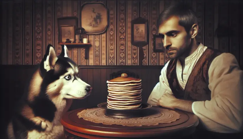 Husky wpatruje się w stos naleśników, zastanawiając się, czy pies może jeść naleśniki. Mężczyzna obserwuje go z boku.