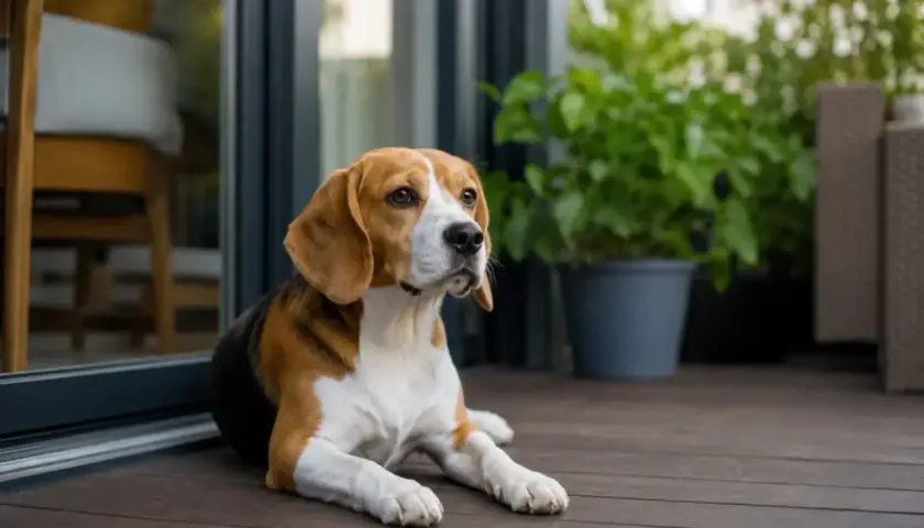 Beagle leży na tarasie, zastanawiając się, czy można sprzedać psa z rodowodem.