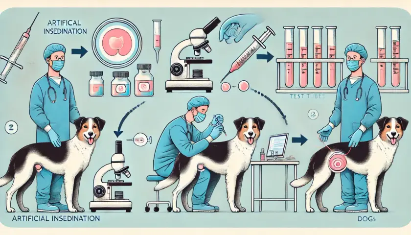 Ilustracja przedstawia proces inseminacji psa w domu, od pobrania materiału po jego podanie.