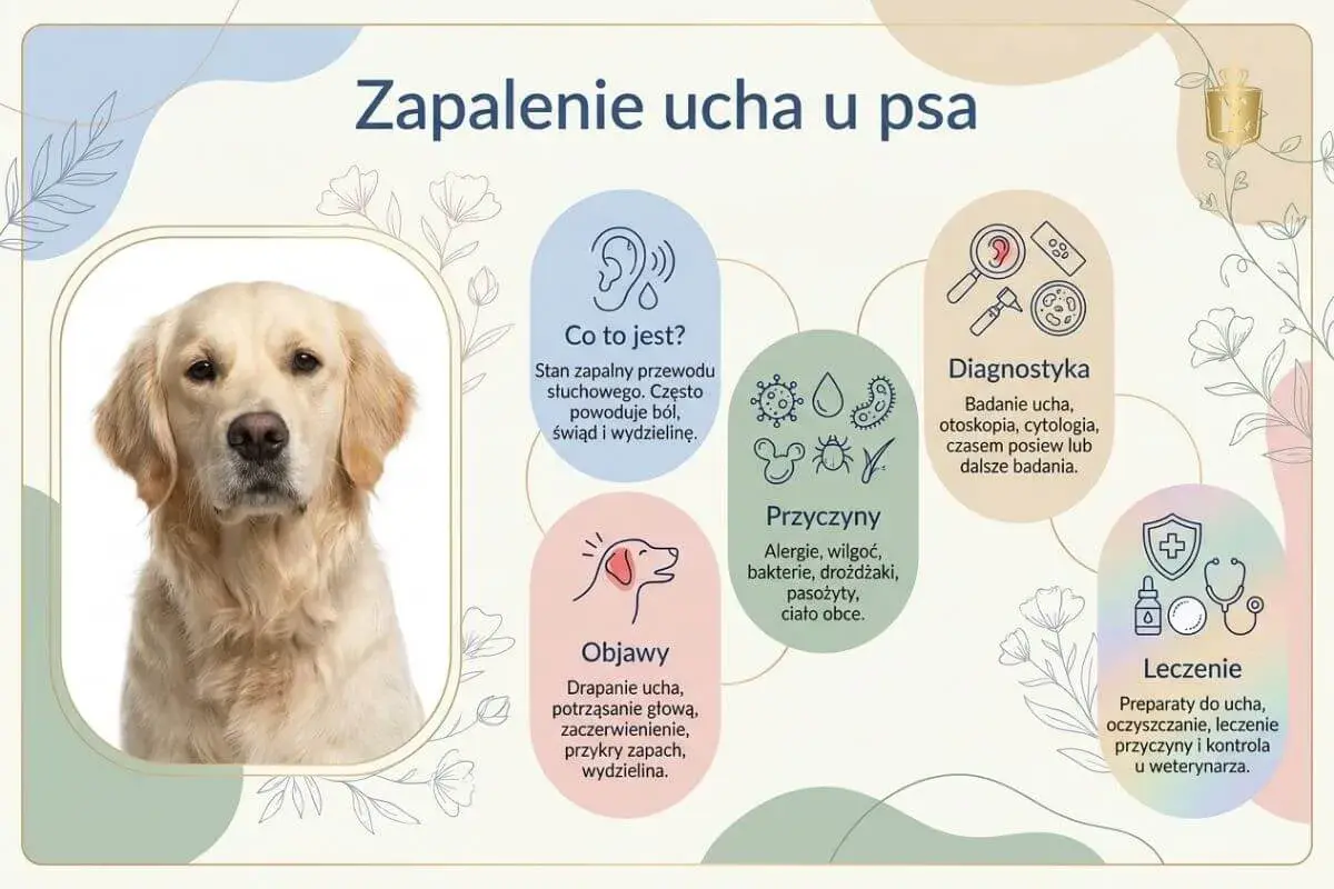 Zapalenie ucha u psa. Pies ma opuchnięte uszy, co może być objawem bólu i świądu.
