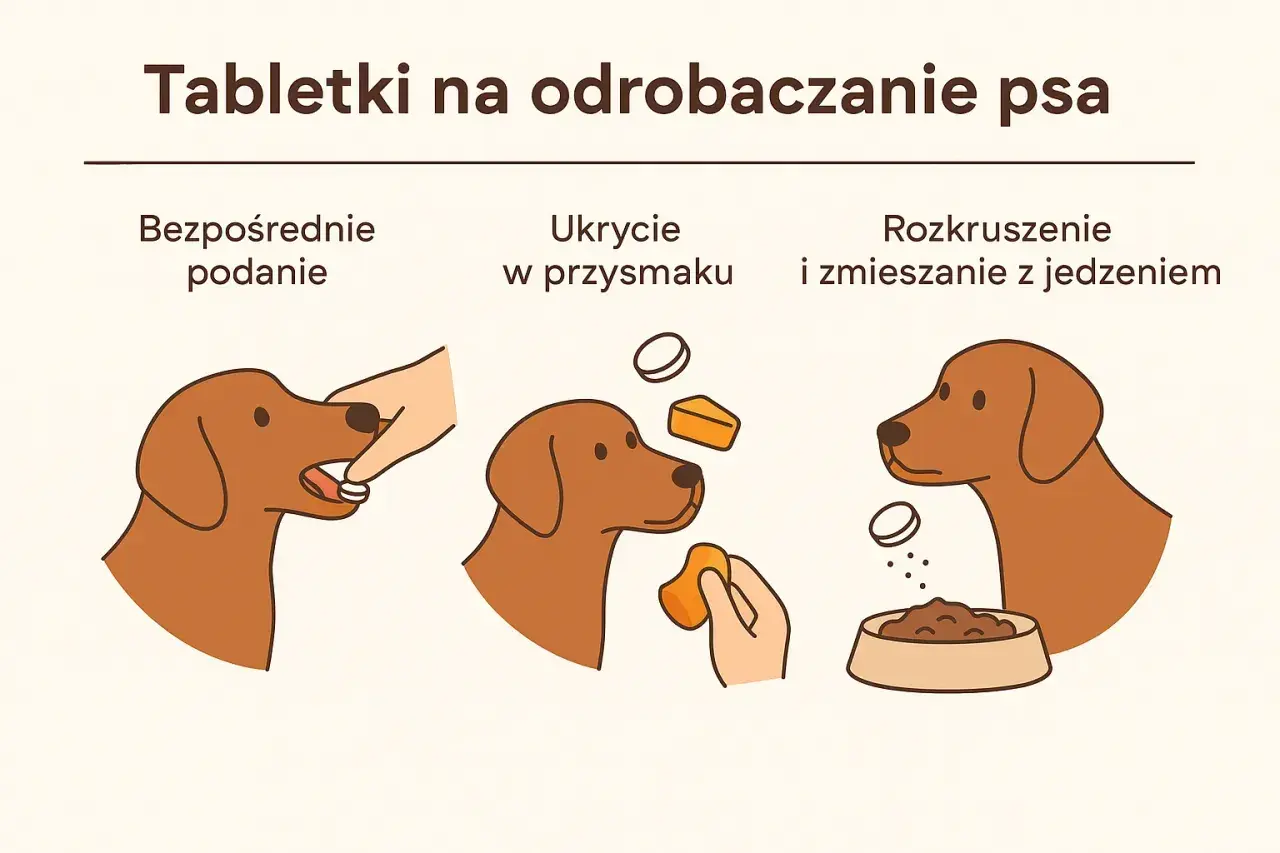 Ilustracja pokazuje trzy sposoby podania psu tabletki na odrobaczenie: bezpośrednio do pyska, ukrytą w smakołyku lub pokruszoną i wymieszaną z jedzeniem.