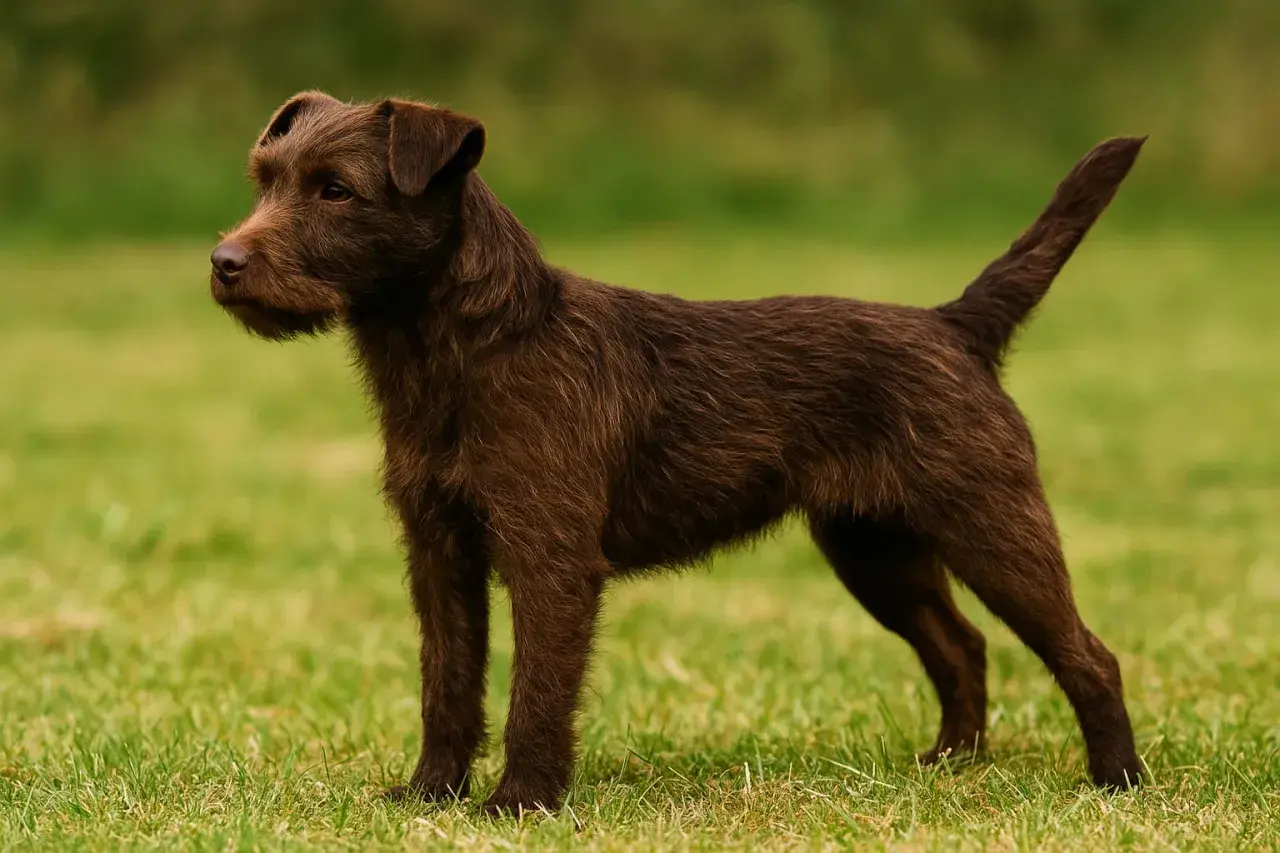 Brązowy, krótko ostrzyżony patterdale terrier stoi na zielonej trawie, gotowy do zabawy.
