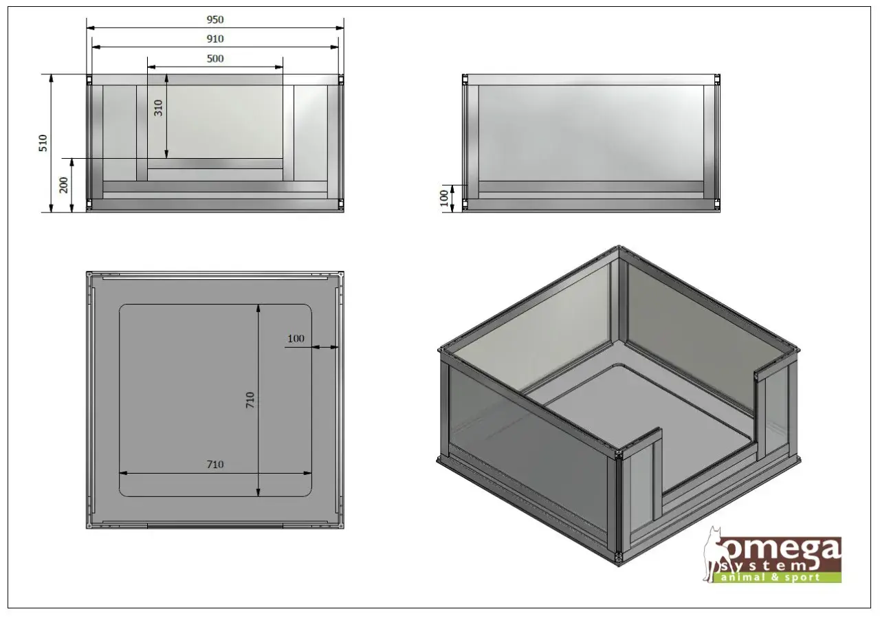 Schemat jak zrobić kojec porodowy dla psa. Wymiary: 950x710x510 mm. Wygodne wejście dla suczki.
