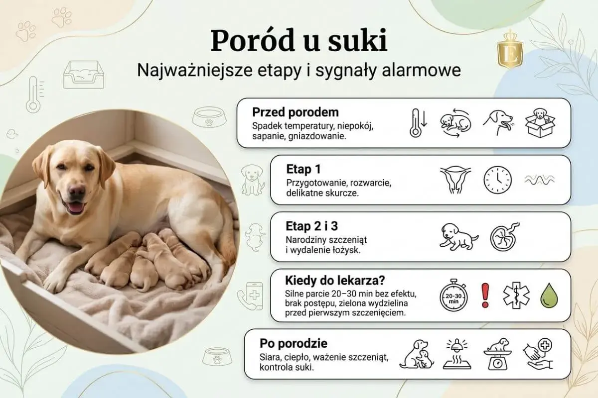 Szczęśliwa suka po porodzie dyszy, otoczona swoimi nowo narodzonymi szczeniętami. Obok grafiki przedstawiające etapy porodu i sygnały alarmowe.