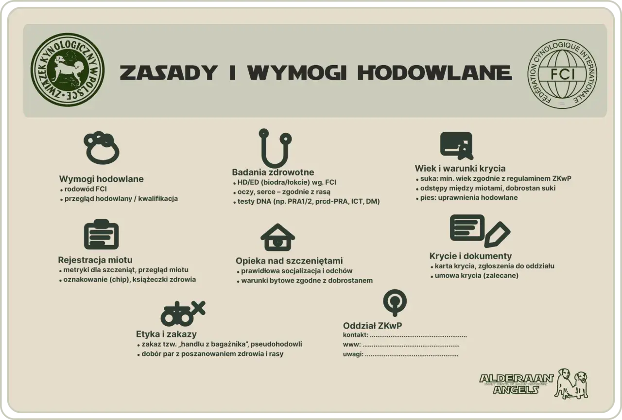 Zasady hodowli psów wg ZKwP i FCI: wymagania, badania, krycie, rejestracja, etyka.