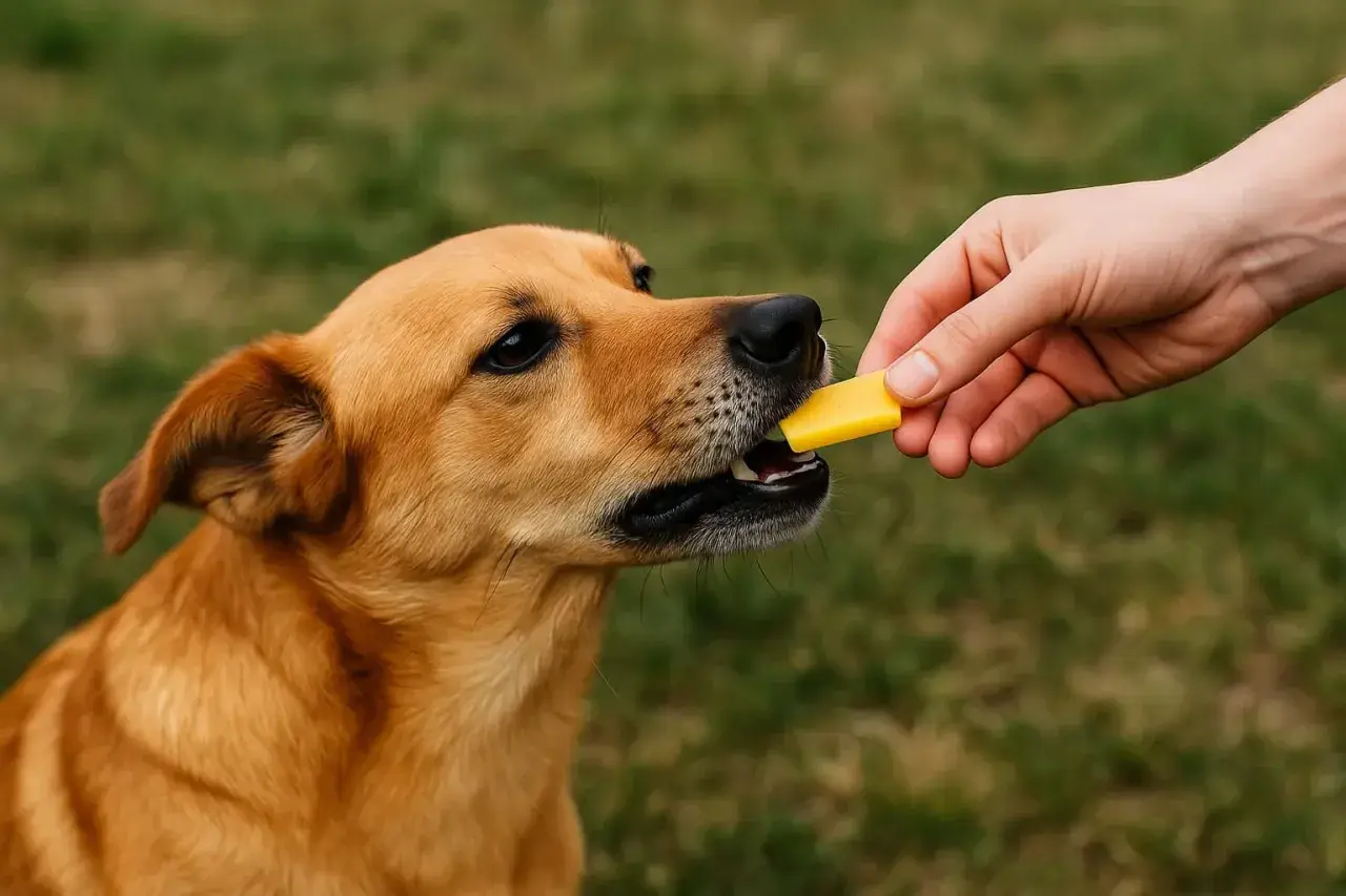 Brązowy piesek zjada kawałek sera żółtego podany przez człowieka. Czy pies może jeść ser żółty? Tak, ale z umiarem.