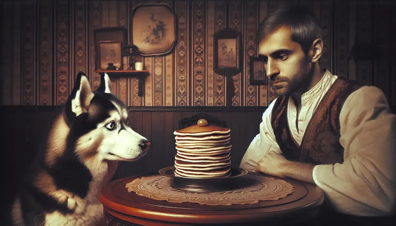 Husky wpatruje się w stos naleśników, zastanawiając się, czy pies może jeść naleśniki. Mężczyzna obserwuje go z boku.