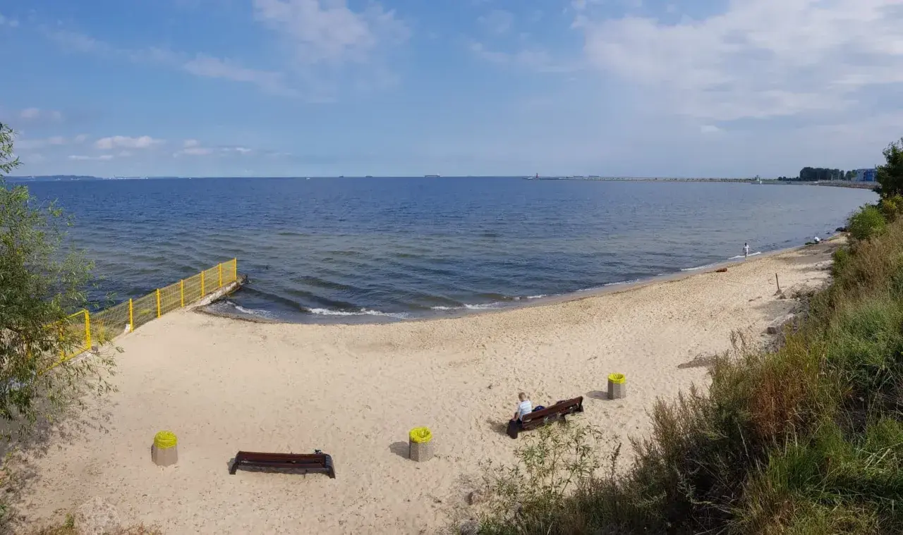 Spokojna plaża dla psów z piaskiem i morzem. W oddali widać falochron i statki.