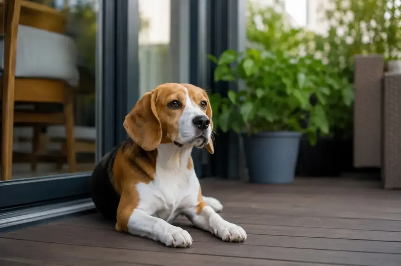 Beagle leży na tarasie, zastanawiając się, czy można sprzedać psa z rodowodem.