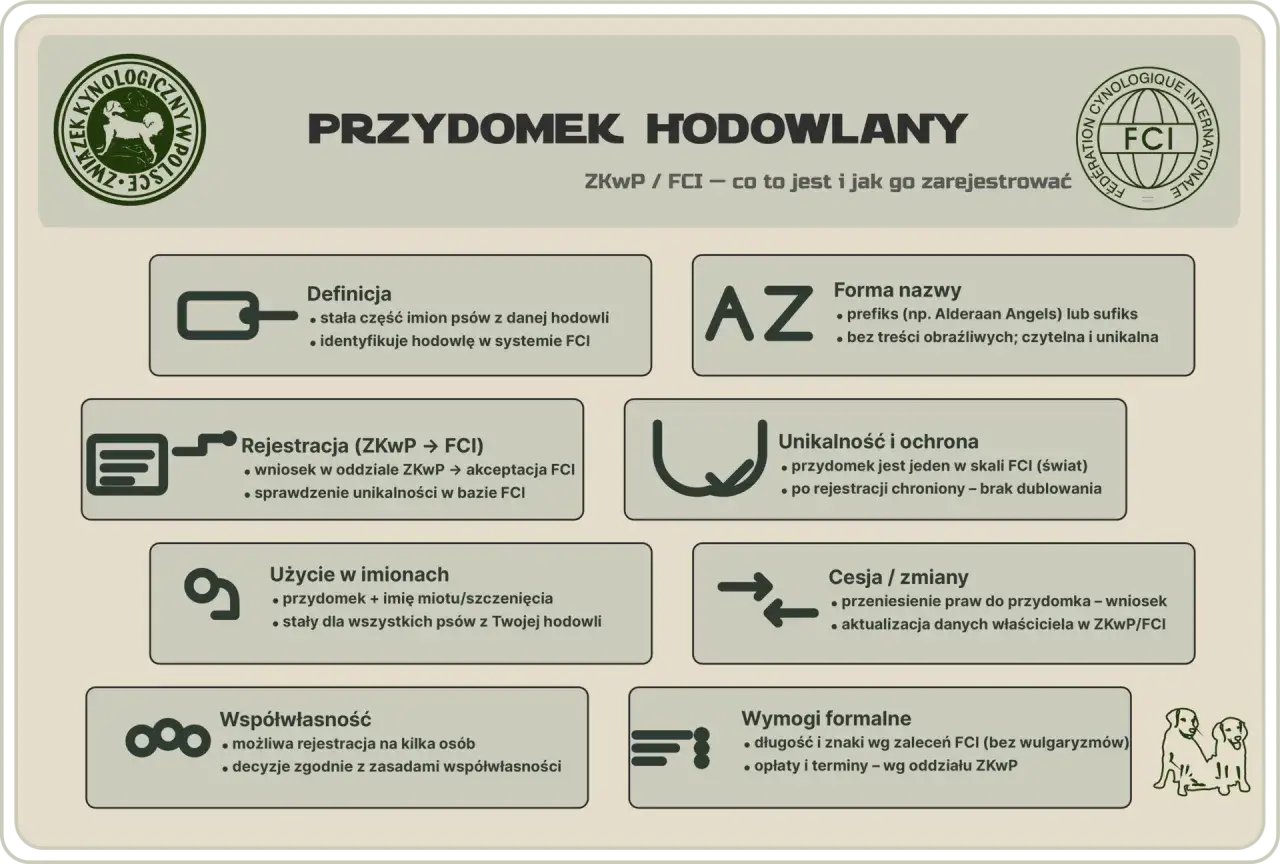 Jak założyć hodowlę ps&oacute;w w stowarzyszeniu? Infografika wyjaśnia definicję, rejestrację, użycie i formalności związane z przydomkiem hodowlanym ZKwP/FCI.