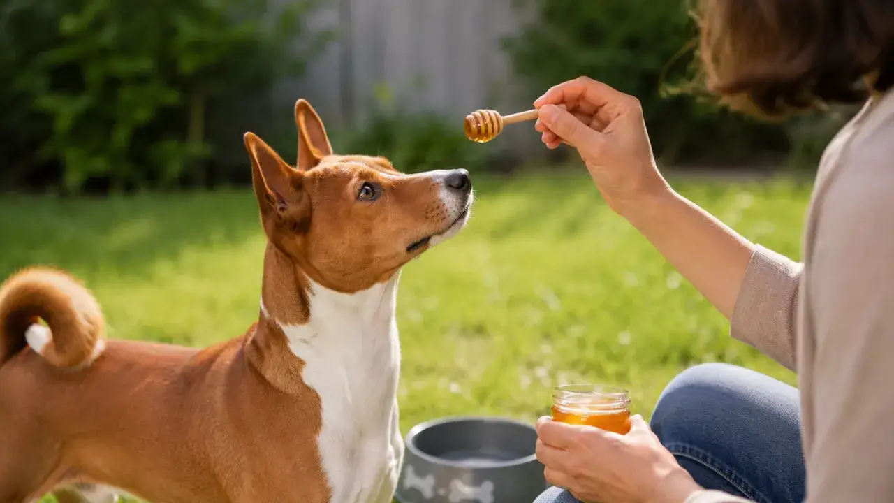 Basenji z zaciekawieniem patrzy na łyżeczkę z miodem, zastanawiając się, czy pies może jeść mi&oacute;d.