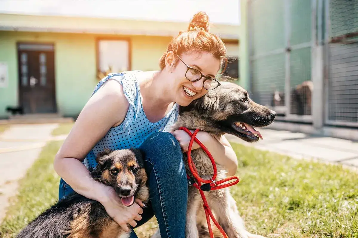 Uśmiechnięta kobieta tuli dwa psy w schronisku. Szuka domu dla tych wspaniałych psów do adopcji.