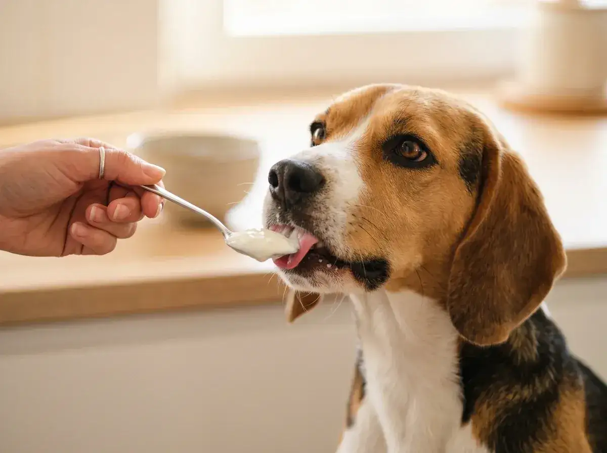Beagle zjada jogurt naturalny z łyżeczki. Czy pies może jeść jogurt naturalny? Tak, w umiarkowanych ilościach.