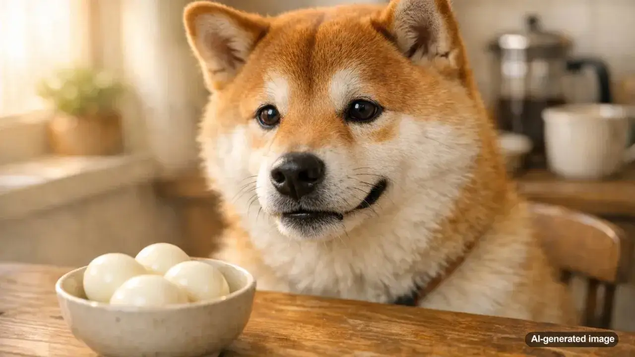 Shiba Inu patrzy na miseczkę z jajkami. Czyżby szykował się śniadaniowy przysmak dla psa?
