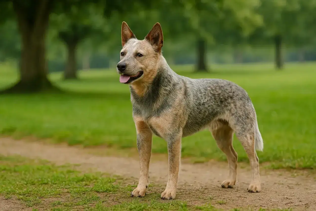 Szlachetny australian cattle dog stoi na ścieżce w parku, gotowy do pracy.