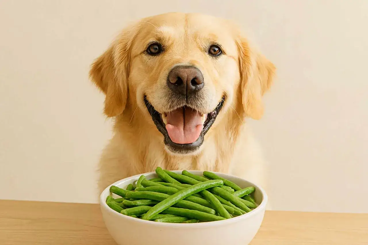 Uśmiechnięty pies rasy golden retriever patrzy na miskę fasolki szparagowej, zastanawiając się, czy pies może jeść fasolkę szparagową.