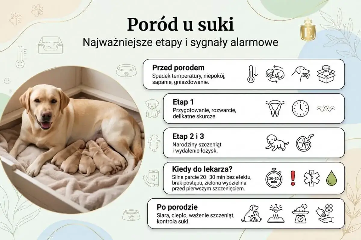 Labradorka z szczeniętami, ilustrująca objawy porodu u suki: przed porodem, etapy porodu, kiedy do lekarza i po porodzie.