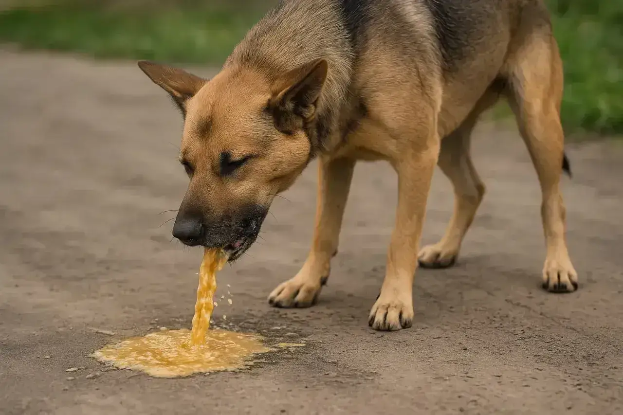 Pies wymiotuje ż&oacute;łcią na ziemię. Wygląda na chorego i potrzebuje pomocy weterynarza.