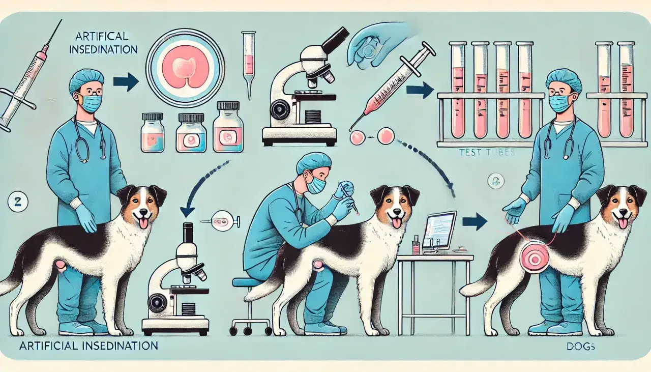 Ilustracja przedstawia proces inseminacji psa w domu. Weterynarz pobiera próbkę, analizuje ją pod mikroskopem, a następnie wykonuje zabieg.