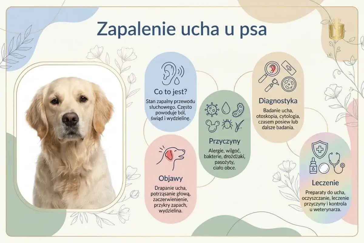 Golden retriever z zapaleniem ucha. Objawy to drapanie, potrząsanie głową, zaczerwienienie, przykry zapach i wydzielina.
